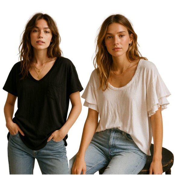 We The Free T-Shirt Bundle (2) Oversized Black Curved Hem Tee & White Cropped S - Picture 1 of 9